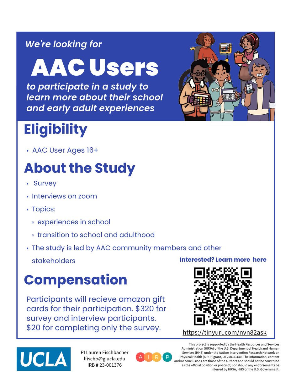 Seeking AAC users to participate in a study to learn more about their school and early adult experiences. Ages 16+. Study led by AAC users, educators, & other stakeholders. Participants will receive Amazon gift cards. Interested? Please let us know here: tinyurl.com/nvn82ask