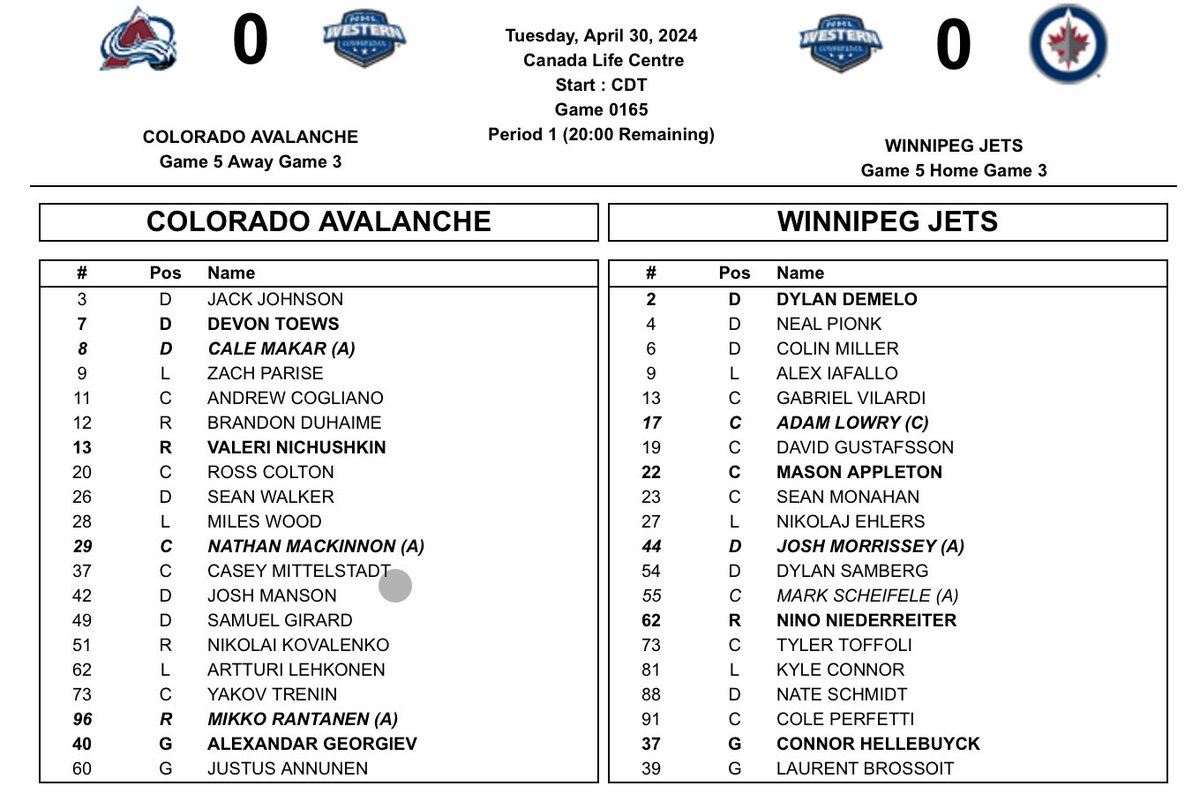 Line-ups. G5. Avs vs Jets. Perfetti in for the Jets. #StanleyCupPlayoffs
