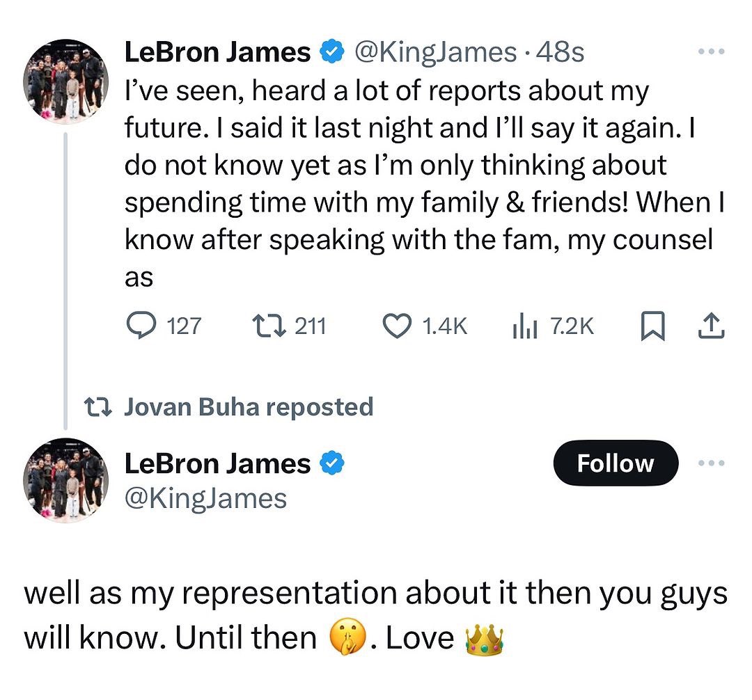 Lebron posted a tweet after rumors were going around about his future plans 👀 Thoughts on this?