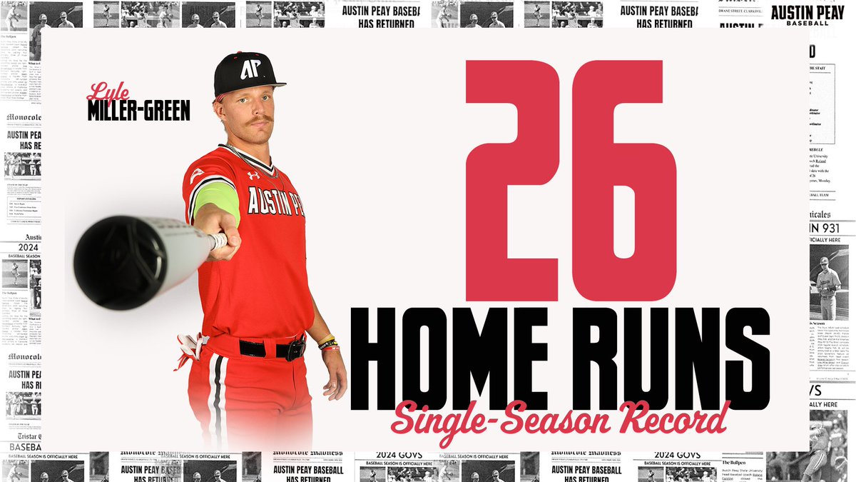 Austin Peay Baseball (@govsbsb) on Twitter photo ๐๐๐ ๐๐๐๐ค๐ง๐ ๐๐จ ๐ฝ๐ง๐ค๐ ๐๐ฃ!
<a href="/lmg1332/">Lyle Miller-Green</a> breaks the Govs single-season home run record with a grand slam in the sixth inning! It is his 26th home run in the Govs' 44th game of the season!
#LetsGoPeay | #โฃ๐
ฑ๏ธ๐
ฐ๏ธ๐ ๐๐๐ ๐๐๐๐ค๐ง๐ ๐๐จ ๐ฝ๐ง๐ค๐ ๐๐ฃ!
<a href="/lmg1332/">Lyle Miller-Green</a> breaks the Govs single-season home run record with a grand slam in the sixth inning! It is his 26th home run in the Govs' 44th game of the season!
#LetsGoPeay | #โฃ๐
ฑ๏ธ๐
ฐ๏ธ๐