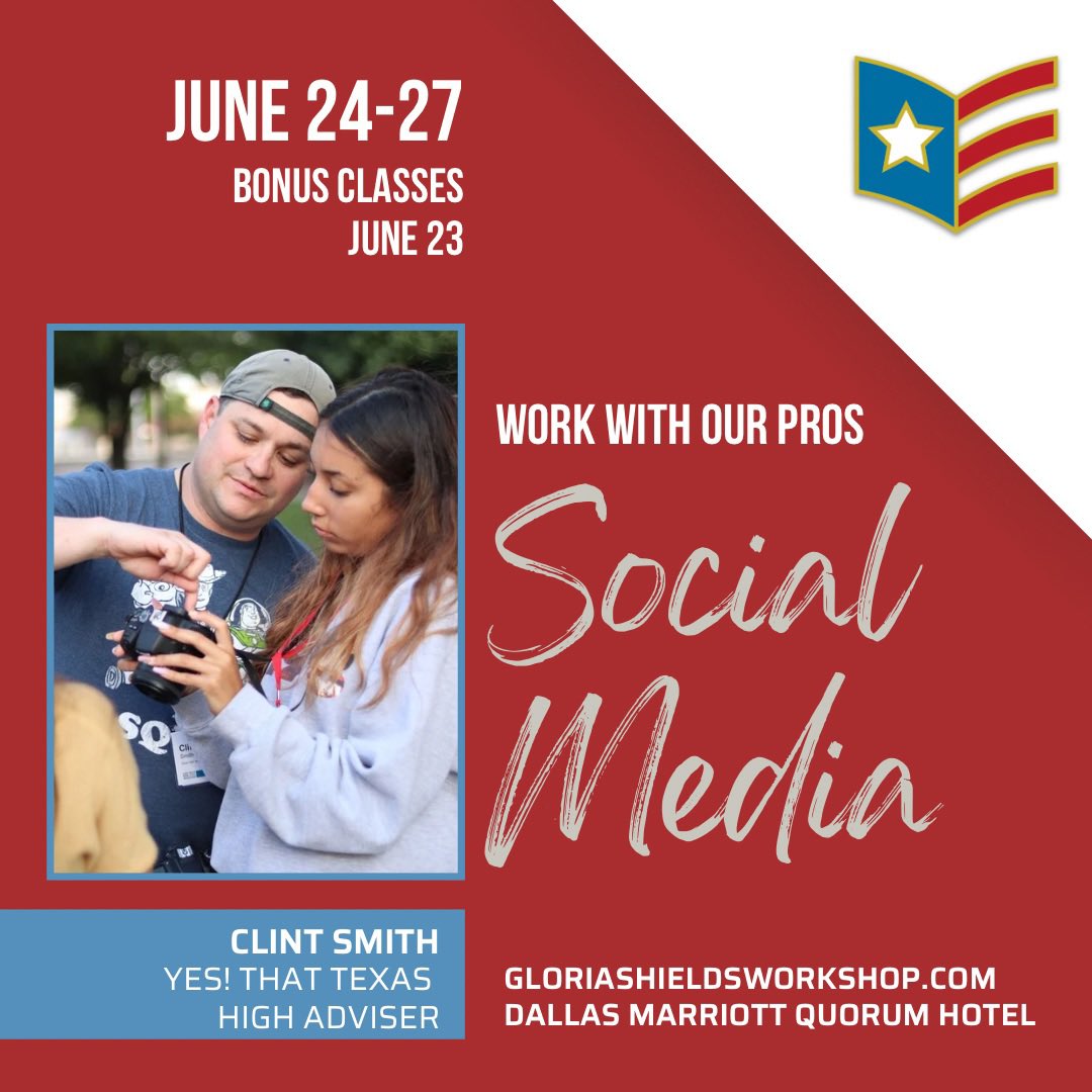 WORK WITH OUR PROS: Revolutionize reporting with our SOCIAL MEDIA course at the <a href="/gs_workshop/">Gloria Shields Workshop</a> <a href="/NSPA/">National Scholastic Press Association</a> summer workshop. Join Texas High’s Clint Smith and equip your staff with skills, tools to craft compelling content for social media platforms, empowering you to amplify stories.