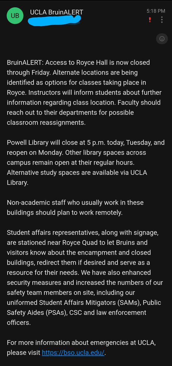 @jessesingal So much for the good news. They closed the library and UCLA's most iconic building (and home to many classrooms) for a week. The 'alternate locations' thing is likely bullshit as scheduling is already tight. Note that it's week 5, which in most classes means midterms.