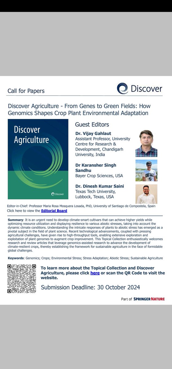 The deadline to submit your manuscripts for our special issue in Discover Agriculture Journal has been pushed back to October 30th. We look forward to receiving your insightful contributions! 🥳🙏 #Genomics #AbioticStress @GenesToGreenFields
