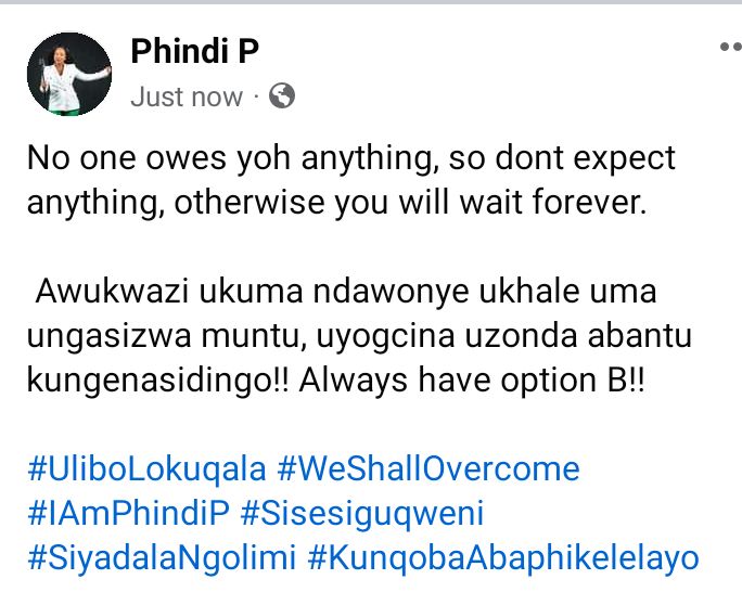Nyakaza!! Sukuma!! 
Ubuvila Phansi. #PhindiPTalks
@Phindi_P_ 
@ukhozi_fm 
#Ulibolokuqala
#Sisesiguqweni
#Weshallovercome
#Develizelaya
#KunqobaAbaphikelelayo