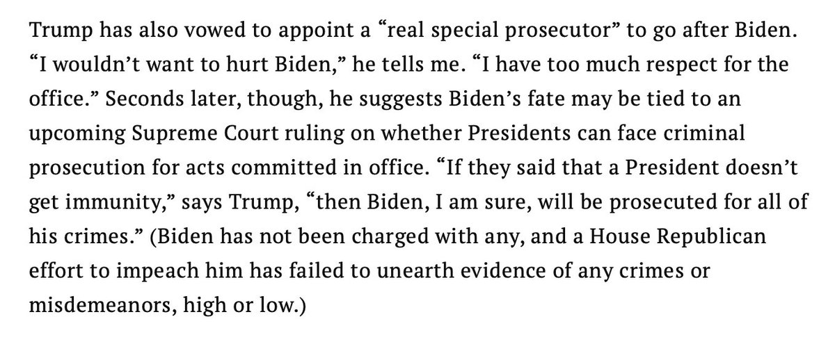 Biden hasn’t committed any crimes. But Trump says he will go after Biden, who hasn’t been charged with any crimes because he hasn’t committed any. Trump wants to get back into office to seek revenge—not to run the country. Vote for decency. Not for Lunacy.