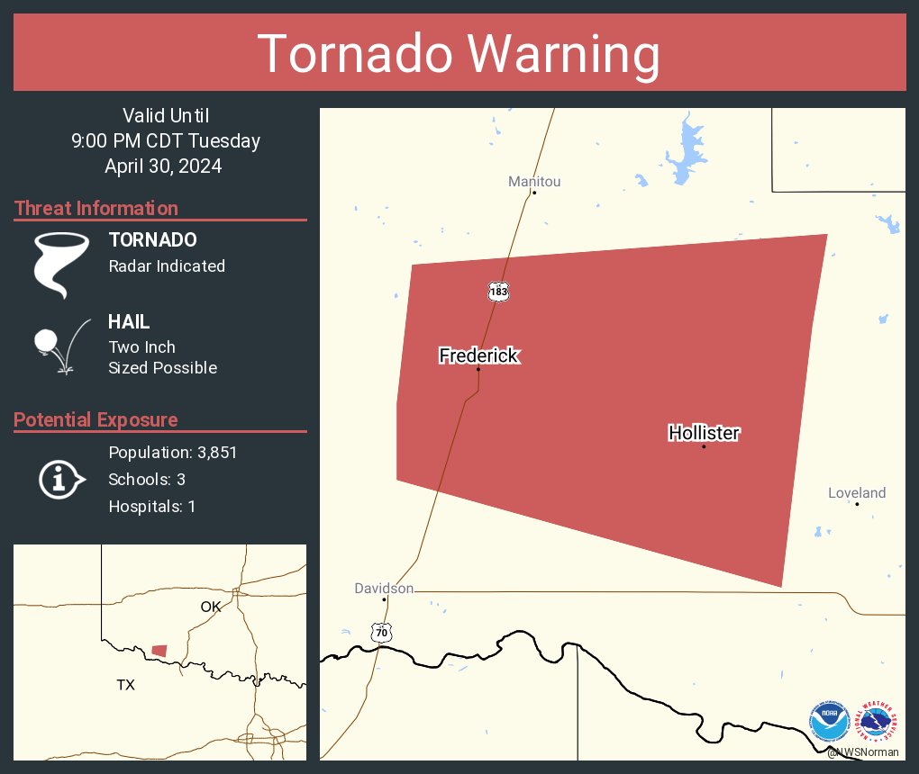 Tornado Warning continues for Frederick OK and Hollister OK until 9:00 PM CDT