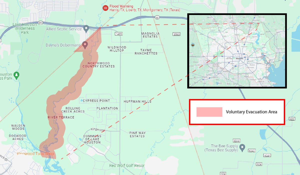 The @HarrisCoJudge issued a voluntary call for evacuation for the subdivisions of Idlewild, Idle Glen and homes along the river in the Commons of Lake Houston. These areas will be impacted by significant & rapid overnight flooding. Read more: bit.ly/44p4MNx