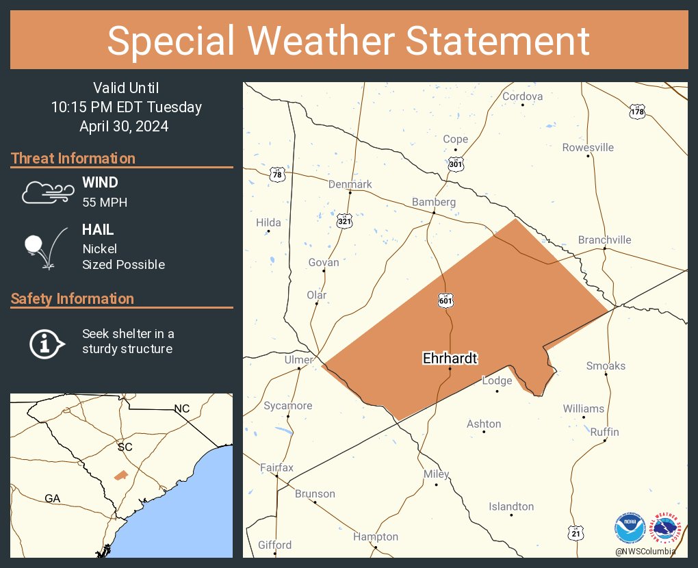 A special weather statement has been issued for Ehrhardt SC until 10:15 PM EDT