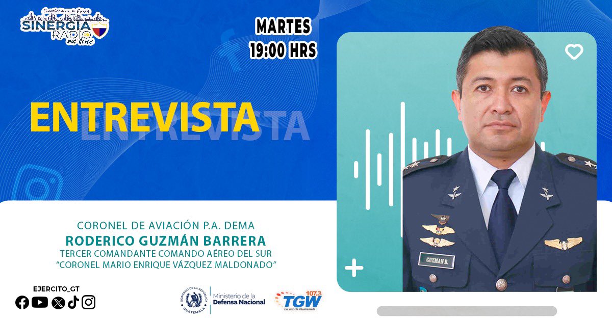 #SinergiaTGW | Sintoniza Radio TGW 107.3 F.M y escucha tu programa Sinergia Institucional Radio. En nuestra entrevista conversamos con el Coronel de Aviación P.A. DEMA Roderico Guzmán Barrera, Tercer Comandante del Comando Aéreo del Sur.