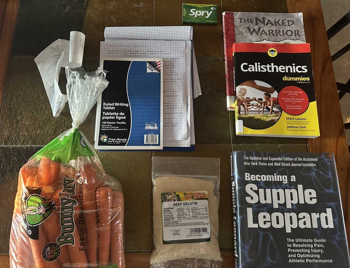 what’s in my bag: sierra lc edition ✨🫶

🥕 5lbs of carrots 
🐮 10oz gelatin
🇷🇺 Pavel book (obv)
📚 movement books
🫧 xylitol gum
🤓 my labs on a clipboard w/ self designed protocol & research
🙂‍↕️ a receipt because microdosing BPAs builds character