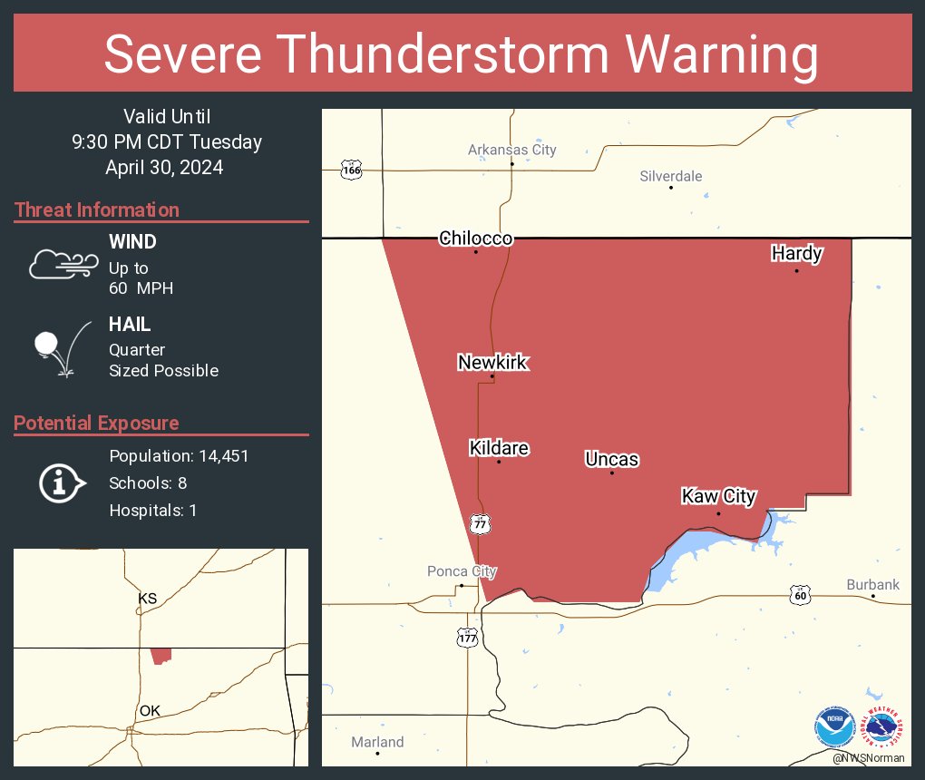 Severe Thunderstorm Warning including Newkirk OK, Kaw City OK and Kildare OK until 9:30 PM CDT