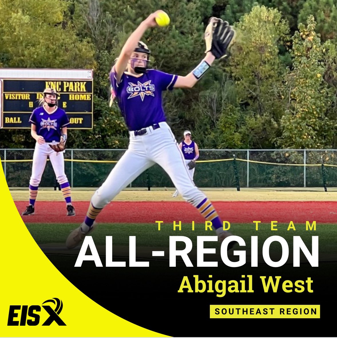 Thank you @ExtraInningSB! Honored to be named All-Region for the Southeast out of 259 top players! #boltsboom ⚡️💜💛 @CoastRecruits @FastpitchAthRec @SBRRetweets @QrRecruiter @SoftballRecruit @SoftballDown @tp_softball @Softball_Home @scan1ansports @KarenWeekly @Vol_Softball