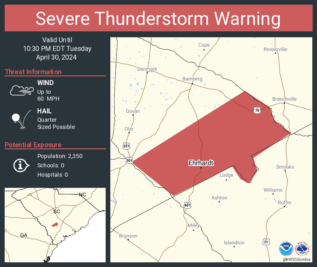 Severe Thunderstorm Warning including Ehrhardt SC until 10:30 PM EDT