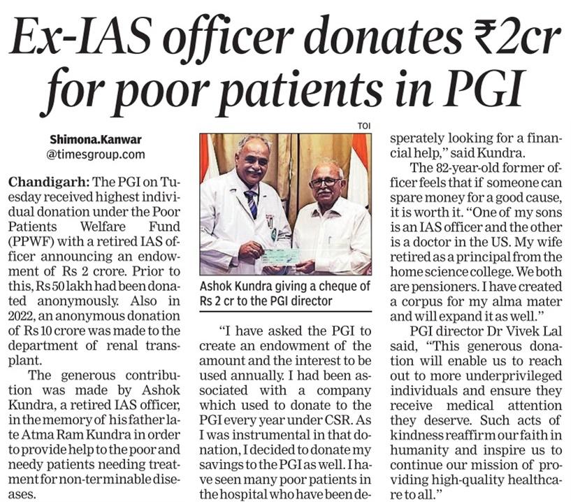 Such magnanimous donors are faces of humanity still. Rs 2 crore donated to PGI for poor patients. @PMOIndia @mansukhmandviya @MSF_SouthAsia @WHO @UNICEFIndia @timesofindia