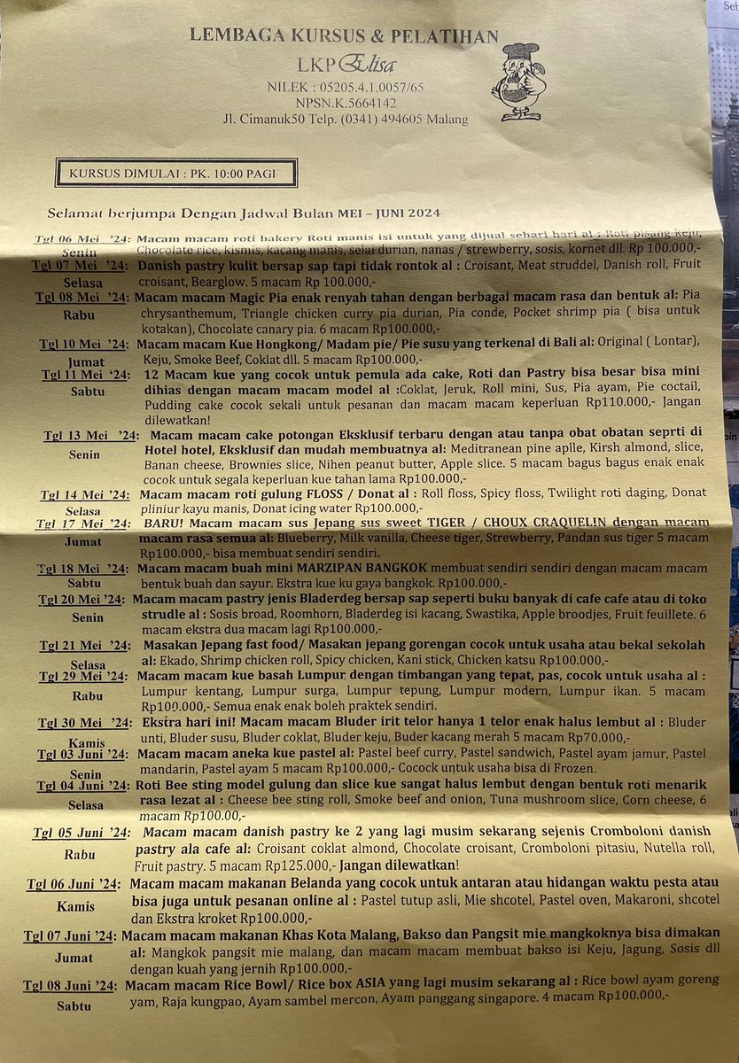 Siapa tahu ada yang membutuhkan untuk kursus/pelatihan membuat makanan 🙏 @infomalang @Malangraya_info @24hourindonesia @Senaputra_FM