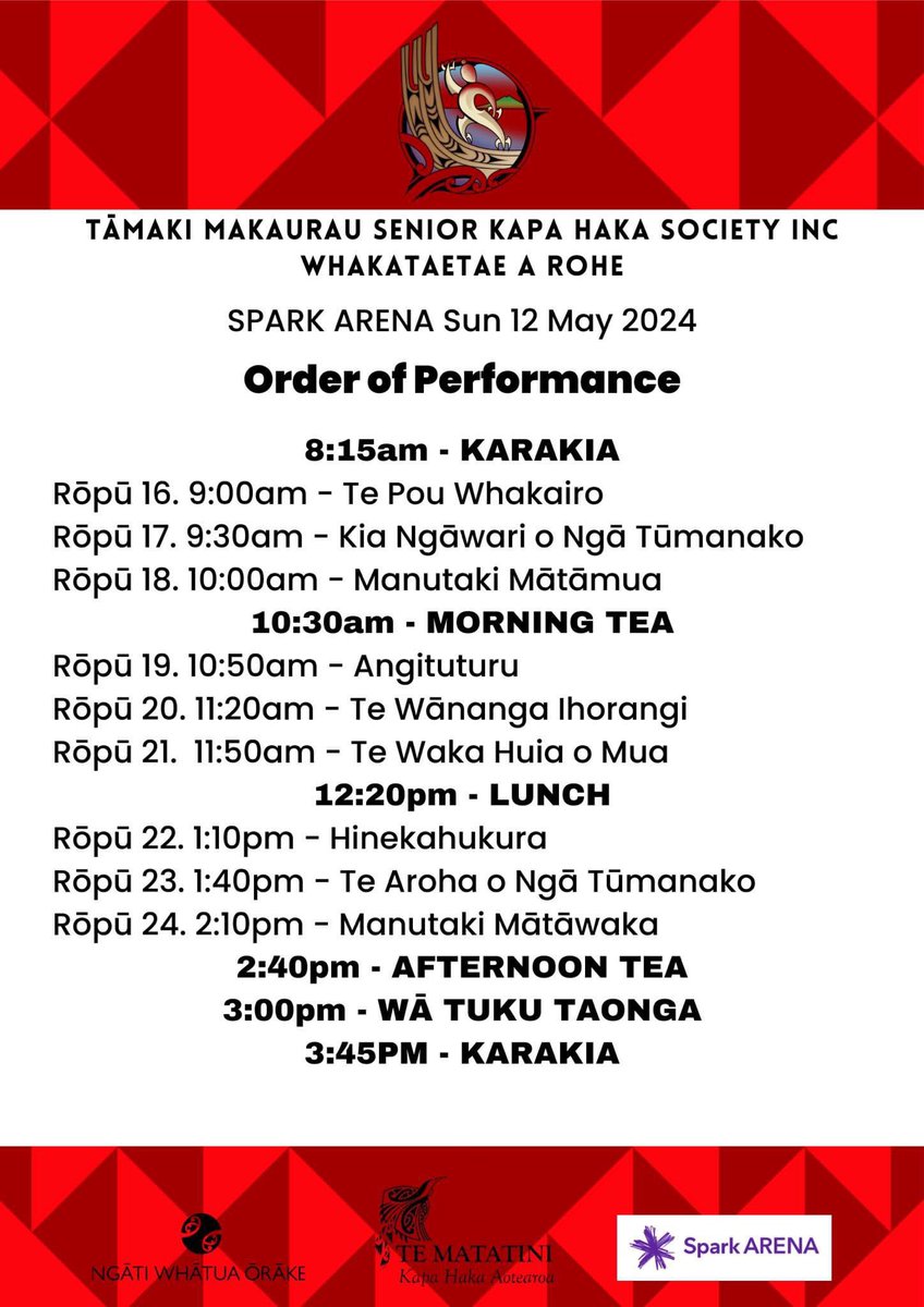Tāmaki Senior Regional Kapa Haka competition 

Hātarei me te Hānarei, 11-12 May

25 teams; 6 teams qualify for Te Matatini 2025 ki Ngāmotu

*first time not performing in for 20yrs 👴🏽🤕🩼 #HangItUp 

Tickets 🎫 go on sale at 2pm
ticketmaster.co.nz/tamaki-haka-re…