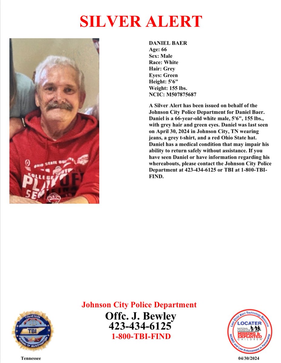 MORE: Daniel Baer has a medical condition that may impair his ability to return safely without assistance.
At this time, there is no known direction of travel.

Have info? Call the Johnson City Police Department at 423-434-6125 or TBI at 1-800-TBI-FIND. #TNSilverAlert