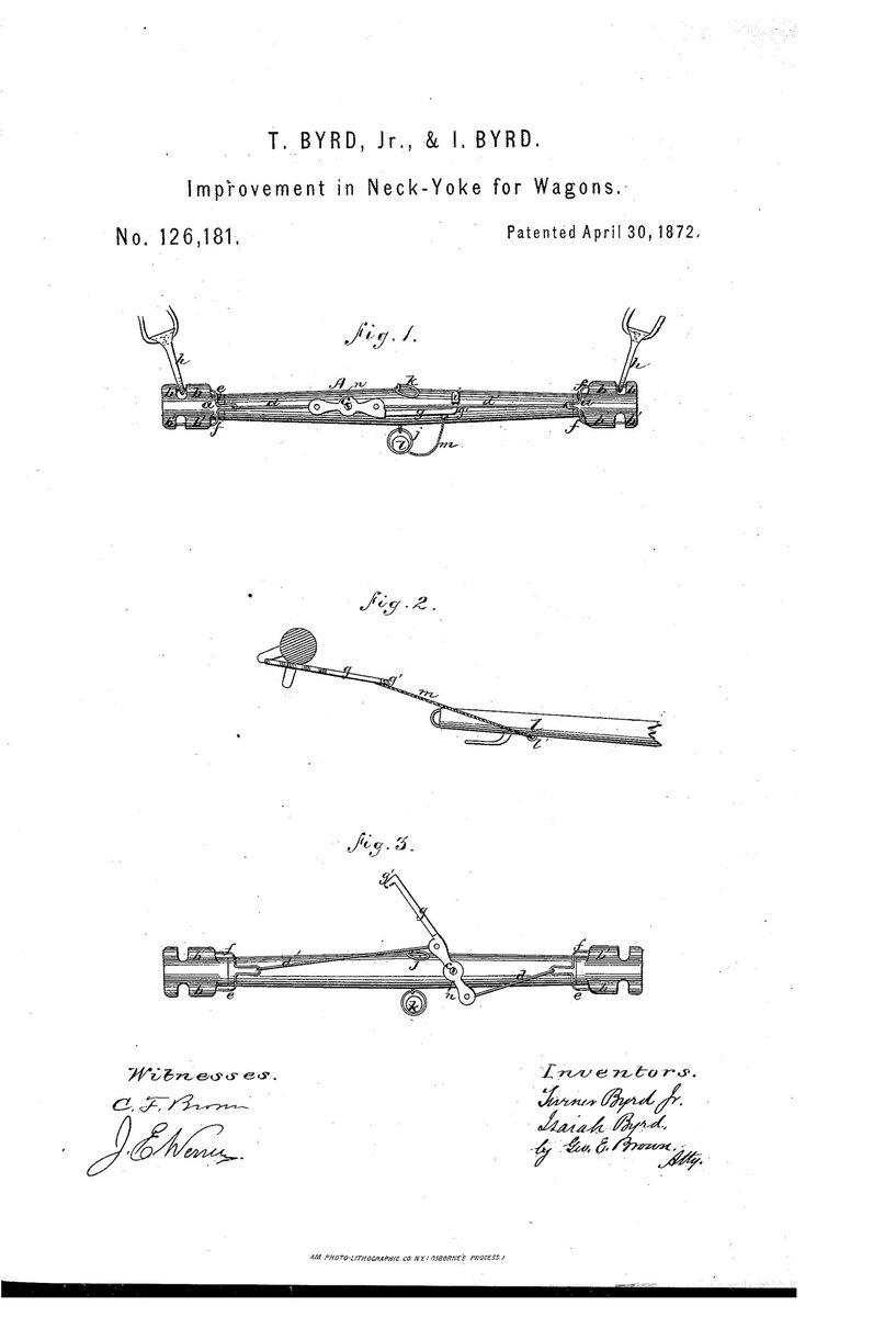 On this day in 1872, TJ and Isaiah Byrd received the patent for an improvement to the neck yoke for wagons.

#tjbyrd
#isaiahbyrd
#americanhistory
#blackhistory
#blackinventors
#onthisday
#april30th

patents.google.com/patent/US126181
