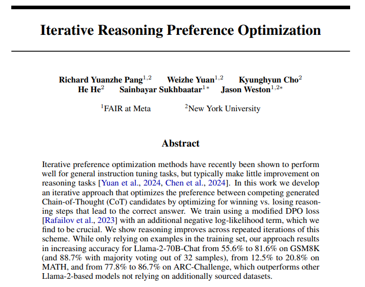 Meta presents Iterative Reasoning Preference Optimization Increasing accuracy for Llama-2-70B-Chat: - 55.6% -> 81.6% on GSM8K - 12.5% -> 20.8% on MATH - 77.8% -> 86.7% on ARC-Challenge arxiv.org/abs/2404.19733
