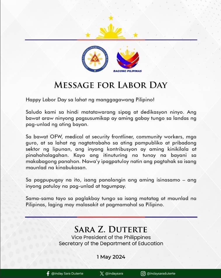 READ: Vice President Sara Duterte’s Labor Day message @ABSCBNNews