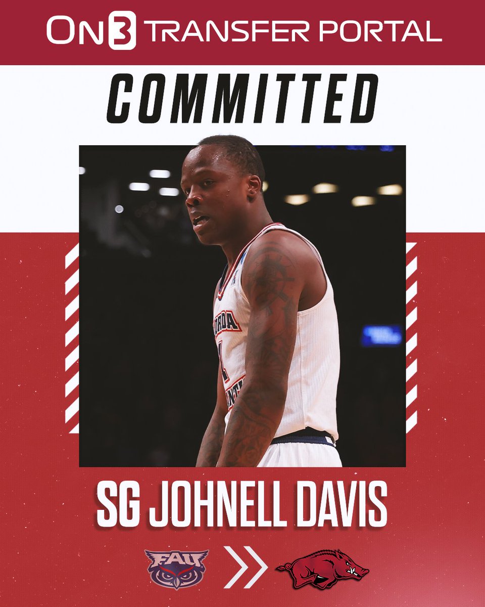 BREAKING: FAU transfer guard Johnell Davis has committed to Arkansas, per @GoodmanHoops🐗 Davis is the No. 1 player in the On3 Transfer Portal rankings. He averaged 18.2 PPG last season👀 on3.com/college/arkans…