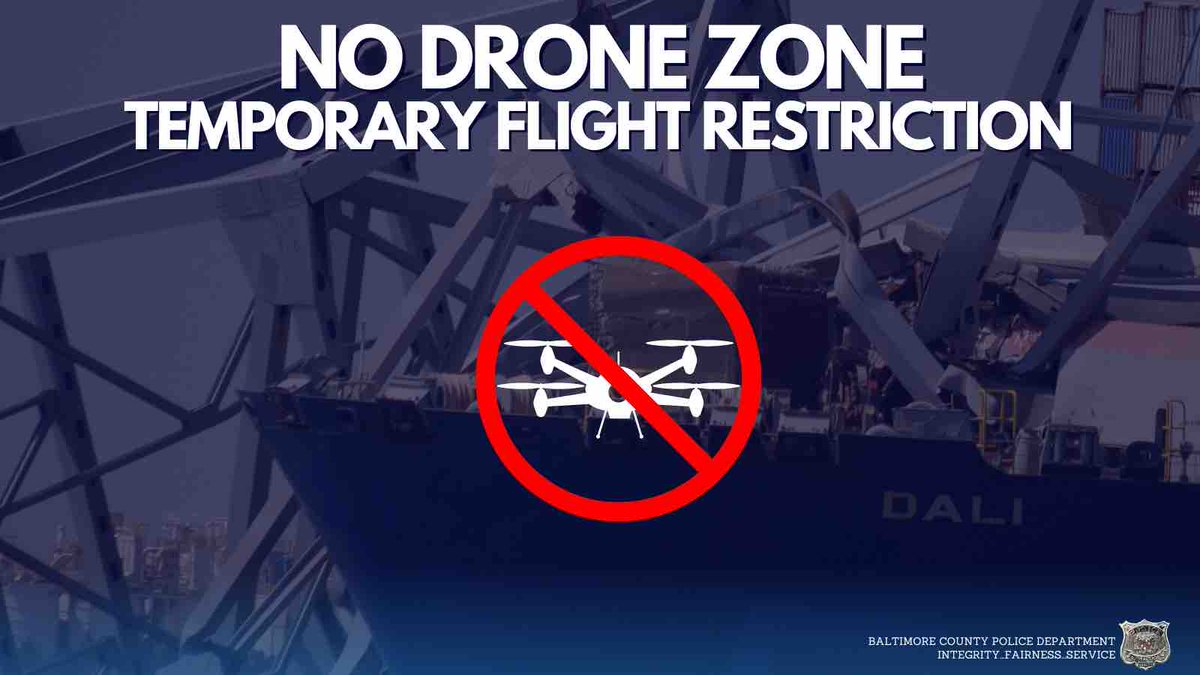 Please remember the No Drone Zone at the #KeyBridge collapse area. It includes: ✅ 2 nautical miles from the bridge's center ✅ From the surface up to and including 1500 feet above ground level There is a ZERO-TOLERANCE policy. Details: ow.ly/zfKQ50Rst7h #BCoPD