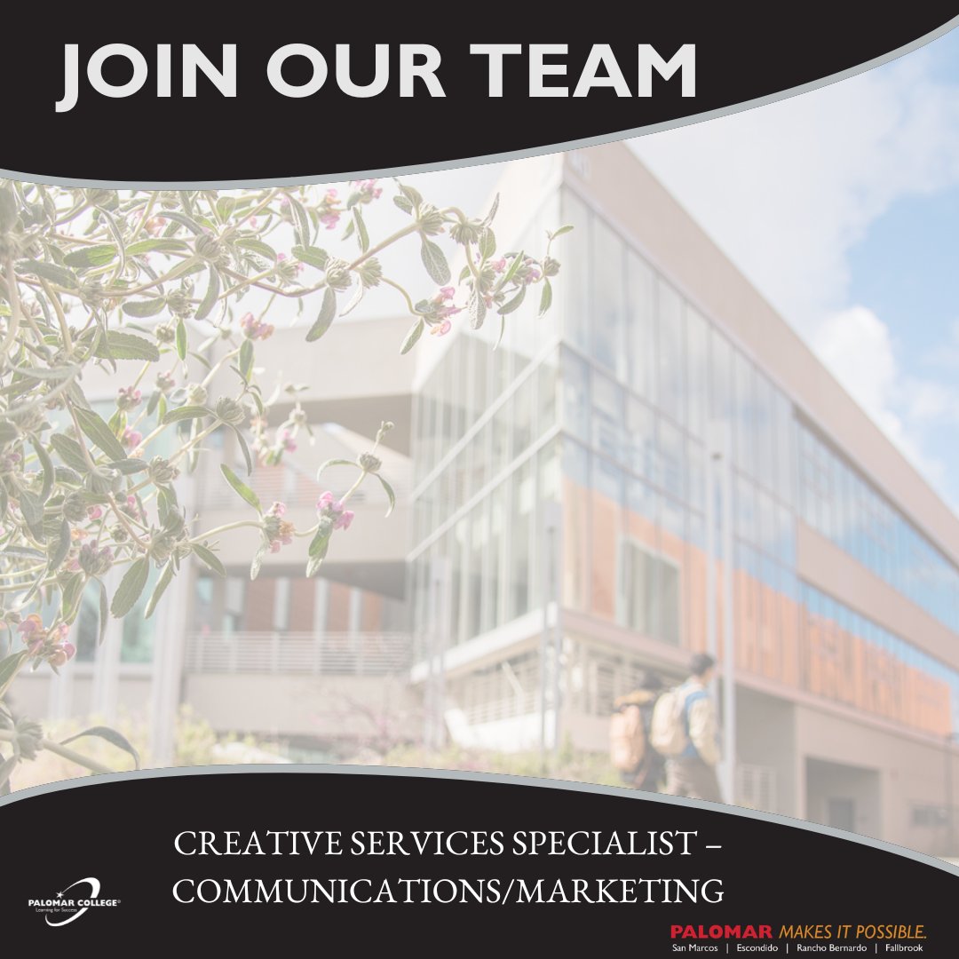 Join us at Palomar College as a Creative Services Specialist in the Communications/Marketing Department. Campus Location: San Marcos Hours Per Week: 30 Work Schedule: Monday – Friday 8am – 5pm Hourly Pay Rate: $25.00 – $32.00 For listing visit: palomar.edu/hr/shorttermem…