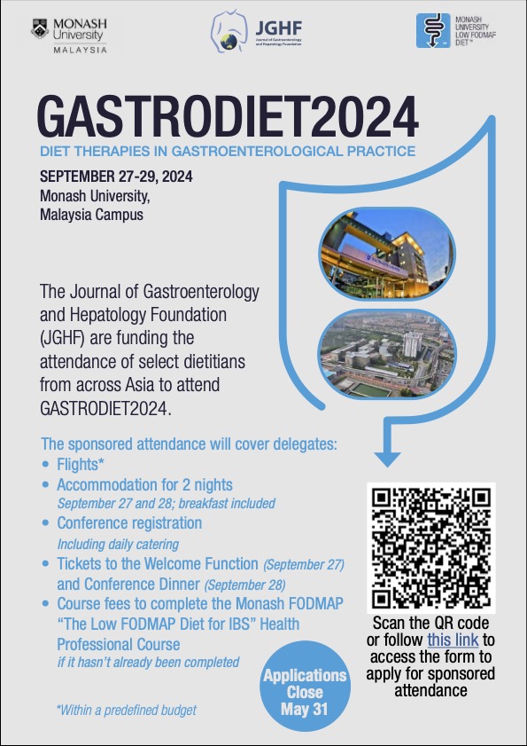 📢First Announcement! #GASTRODIET2024 is coming to Kuala Lumpur, Malaysia! Join us for a conference on dietary management of GI diseases (beyond FGID). We're co-organising with @MonashUni, @MonashFODMAP & JGHF. Sponsorship available for dietitians! #GITwitter #MedTwitter