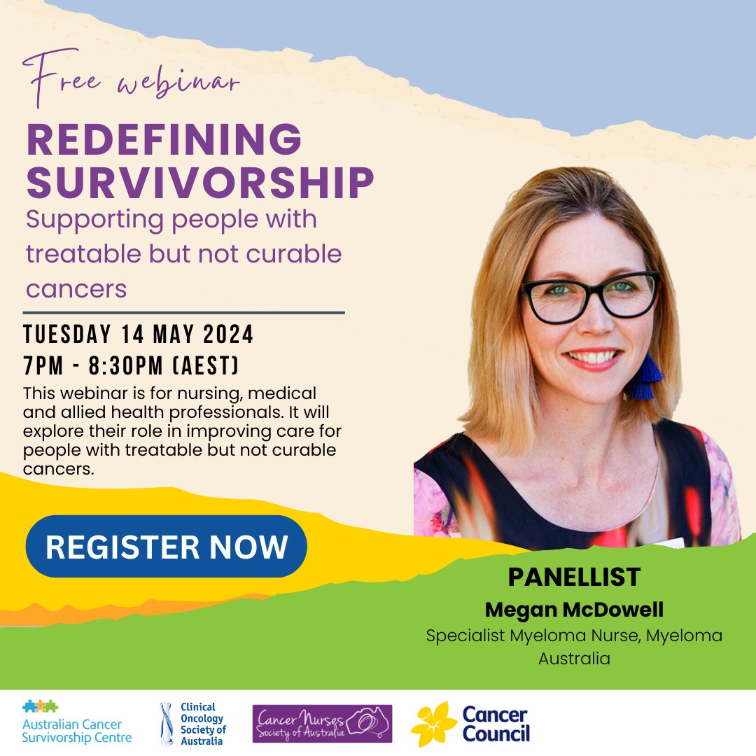 🌟 We’re pleased to announce Megan McDowell as a panellist for the Redefining Survivorship webinar! Megan will discuss support services, strategies to identify the unmet needs of people with treatable, but not curable cancers, and much more! Register here tinyurl.com/yc89zvmk