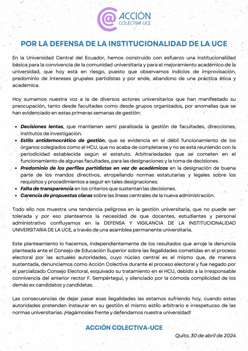 Llamado a defender la institucionalidad de la Universidad Central del Ecuador