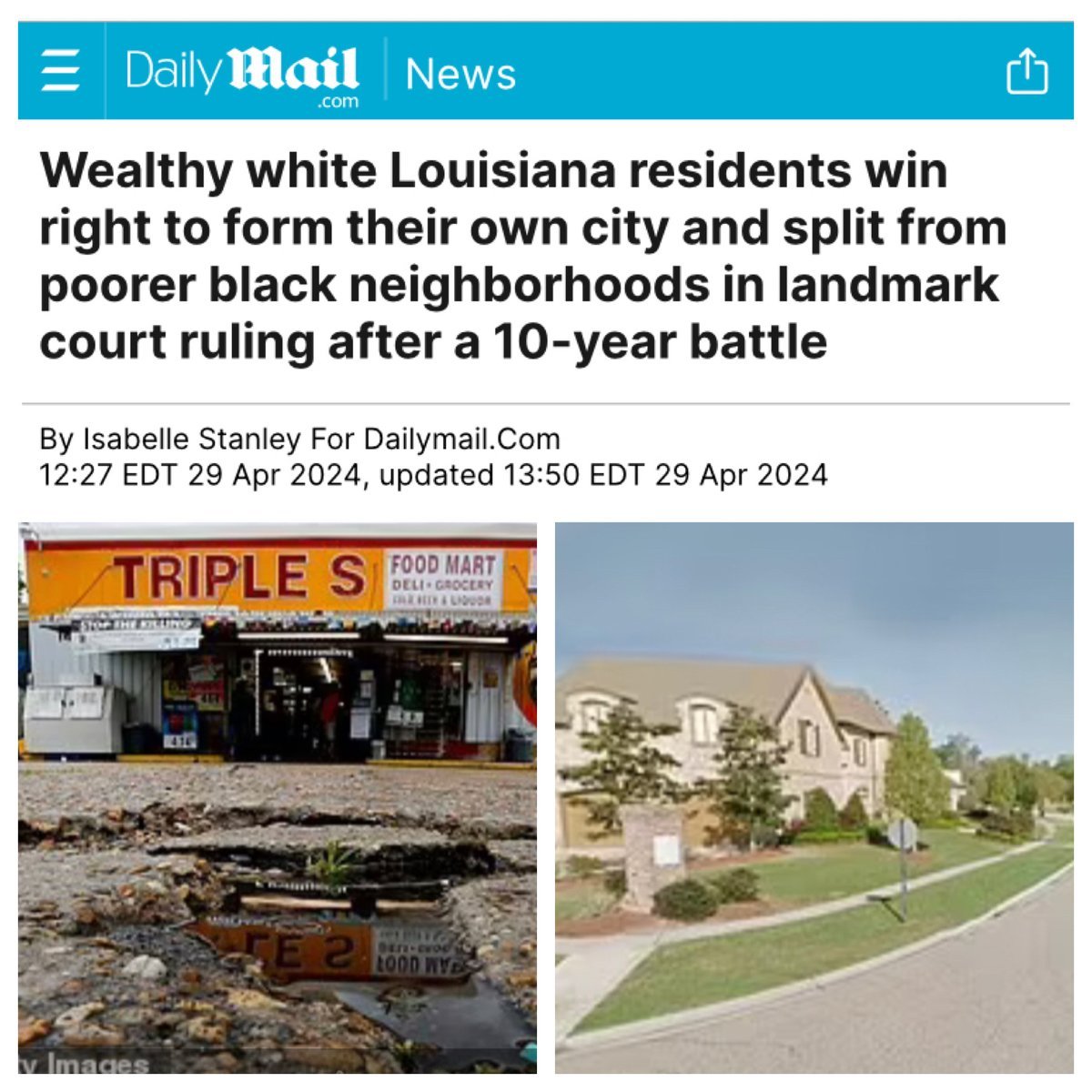 UltraDane's tweet photo. This is called White Flight, and ask yourselves, wouldn't you?

Wealthy white Baton Rouge residents have won a decade-long court battle to split from poorer crime ridden Black neighborhoods and form their own city with plans for better schools and less crime.

Sharon Weston Broome, the mayor-president leading the combined Baton Rouge and East Baton Rouge Parish governments, had sued the St. George organizers arguing that the split would siphon more than $48 million in annual tax revenue from the local government.

Supporters of the new city say that the existing city-parish government is poorly run, with high crime rates and bad schools.

Opponents say the movement is 'racist' and will create a 'white enclave' as it separates a wealthy area of the city from the majority Black city and school district.

The saddest part to this story? None of it had to happen, yet here we are, it's 1965 and we're going full steam ahead... in reverse.

https://t.co/zuUkNRXFDg