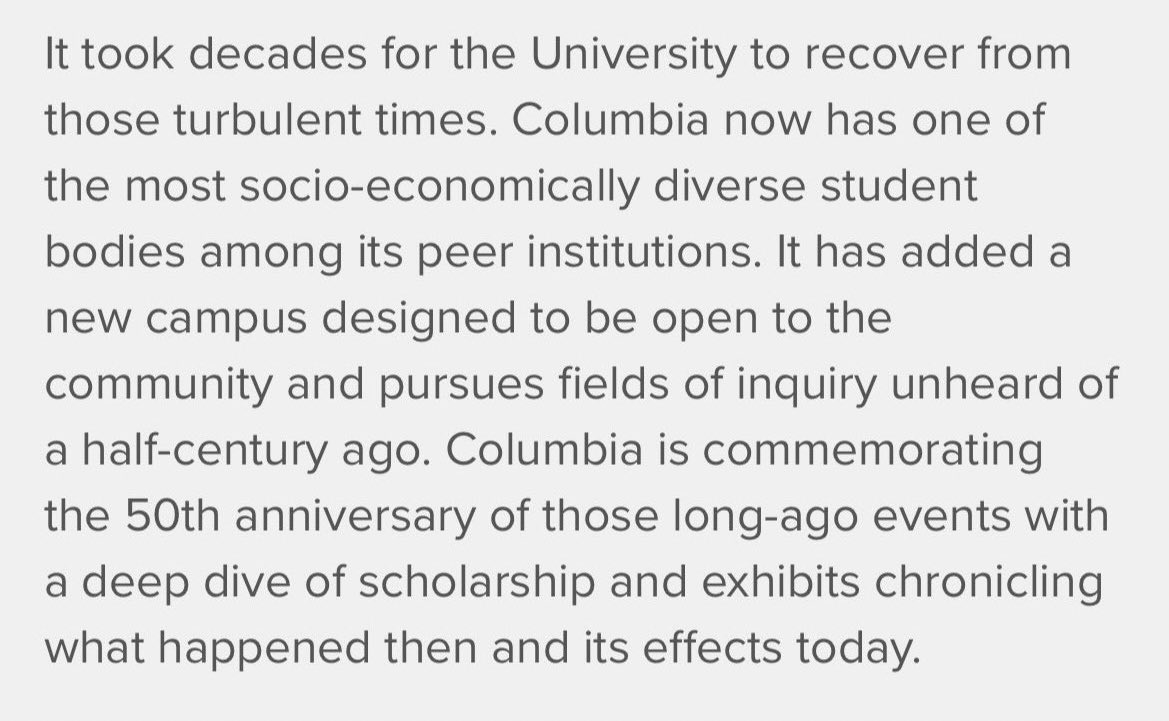 Columbia’s page regretting the decision it made in 1968 bears a banner about the decisions it is making now. news.columbia.edu/content/new-pe…