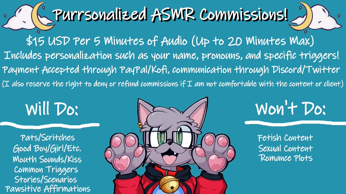 ASMR Commissions are back open! 
Opening 10 slots with a turnaround time of a month at the latest (barring hangups) <3