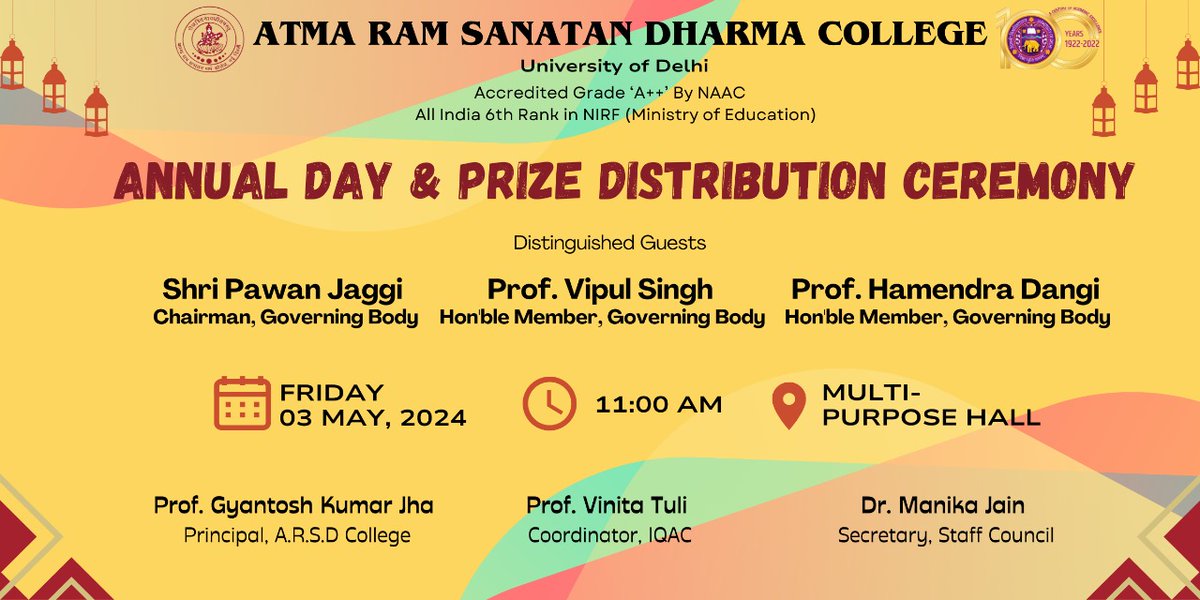 @arsdcollegedu is organising its Annual Day and Prize Distribution Ceremony on 3rd May, 2024, Friday, in the College Multi-Purpose Hall from 11:00 AM onwards. @UnivofDelhi @EduMinOfIndia @ugc_india