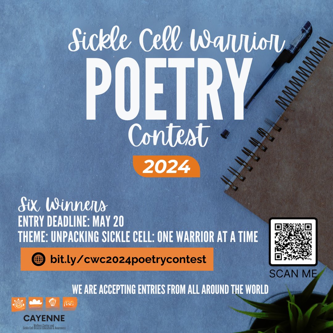 🌟 Calling all Sickle Cell Warriors Poets! 🌟

We're looking for voices worldwide to share their poetry. Don't let this chance slip away! Submit your entries by May 20, 2024, and let your words make an impact. Visit cayennewellness.org/poetry-contest….

#sicklecell #sicklecelldisease