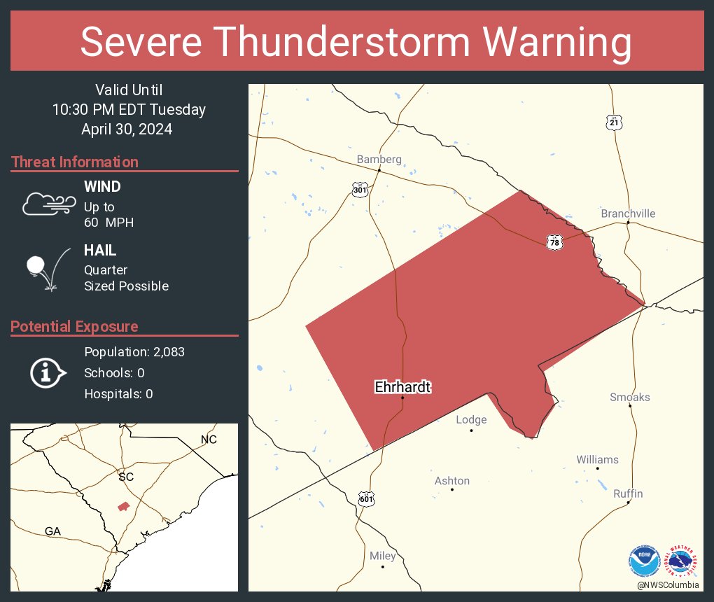 Severe Thunderstorm Warning continues for Ehrhardt SC until 10:30 PM EDT