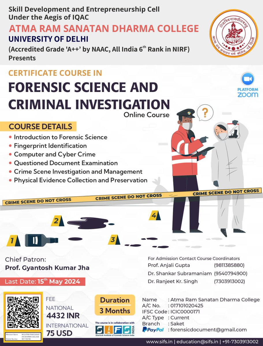 Greetings from @arsdcollegedu we are happy to announce the admission for a new batch of the online add-on course titled Forensic Science and Criminal Investigation. Refer to poster for details. Registration link: forms.gle/ZyAo5AM5EmQ1yD… @UnivofDelhi @EduMinOfIndia @ugc_india