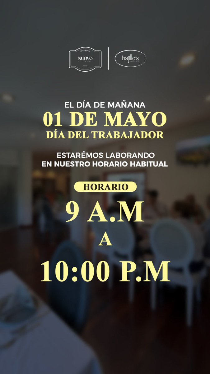 Estaremos laborando en nuestro horario habitual el día de mañana 1ero de Mayo. 
 
Te esperamos en Nuovo Hajillos con nuestra excelente atención y gastronomía💚

#elhatillo #nuovo #hajillos #1demayo