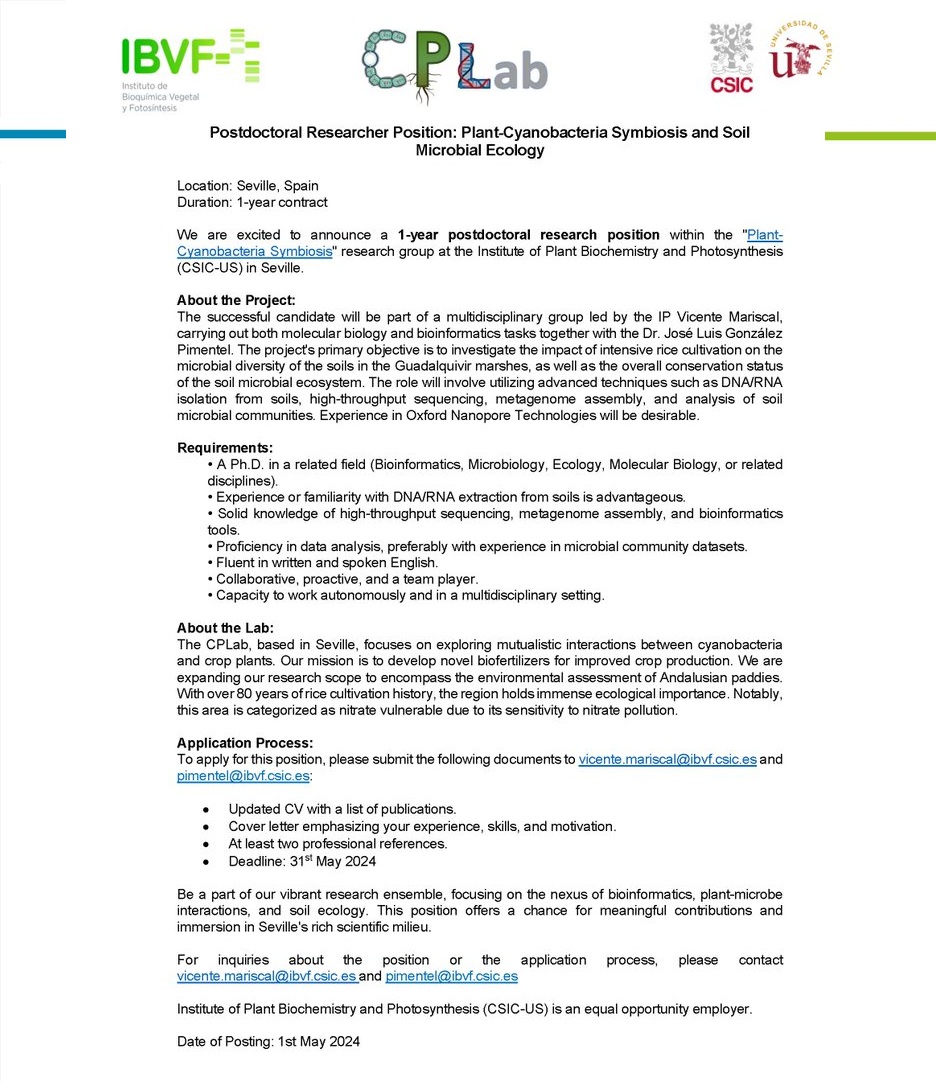 📢 Postdoc Researcher Job in Plant-Cyanobacteria Symbiosis and Soil Microbial Ecology at IBVF,Universidad de Sevilla in Spain 🇪🇸 See details below! ... via @agristok