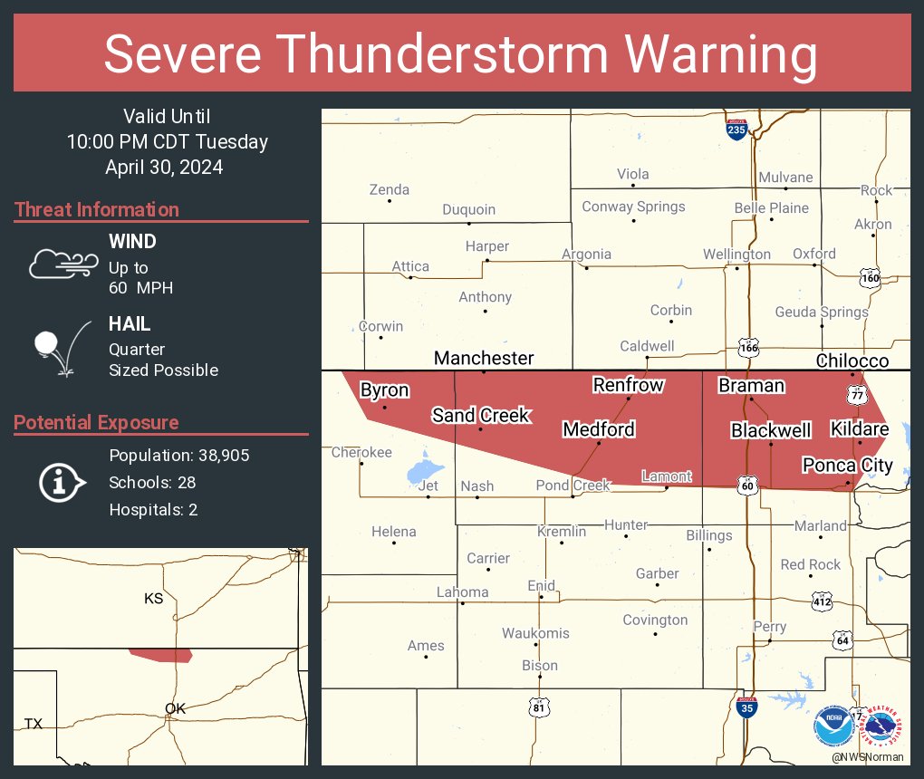 Severe Thunderstorm Warning including Ponca City OK, Blackwell OK and Newkirk OK until 10:00 PM CDT