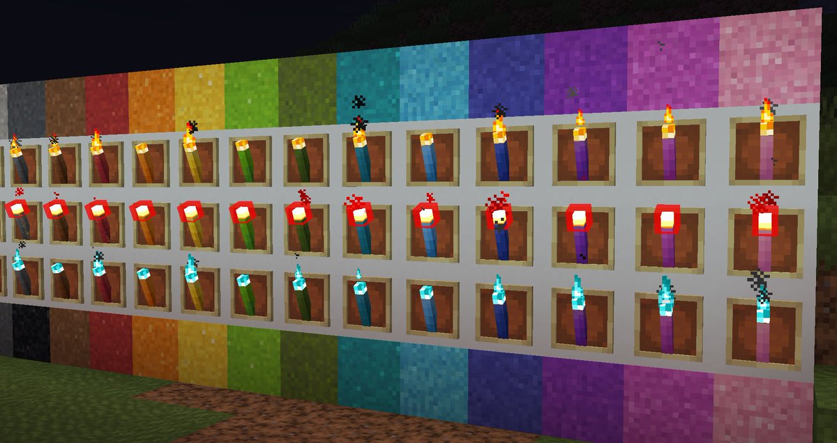 New colourful torches in my texture pack!

rename any dye to 'Sconce' for a custom item that perfectly fits over wall torches :)