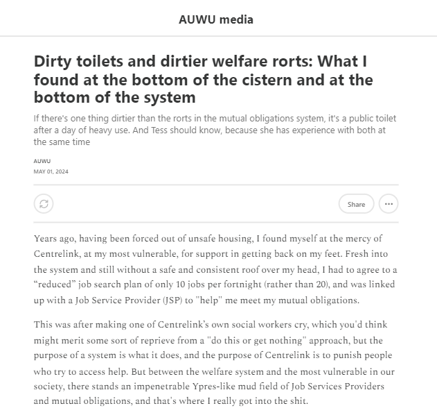 Very pleased to publish this scathing exposé from @ItsTessInADress Mutual obligations force people like her into shit jobs, with terrible pay and no security, all so Job Service Providers and host businesses can make a quick buck Read here: auwu.substack.com/p/dirty-toilet…