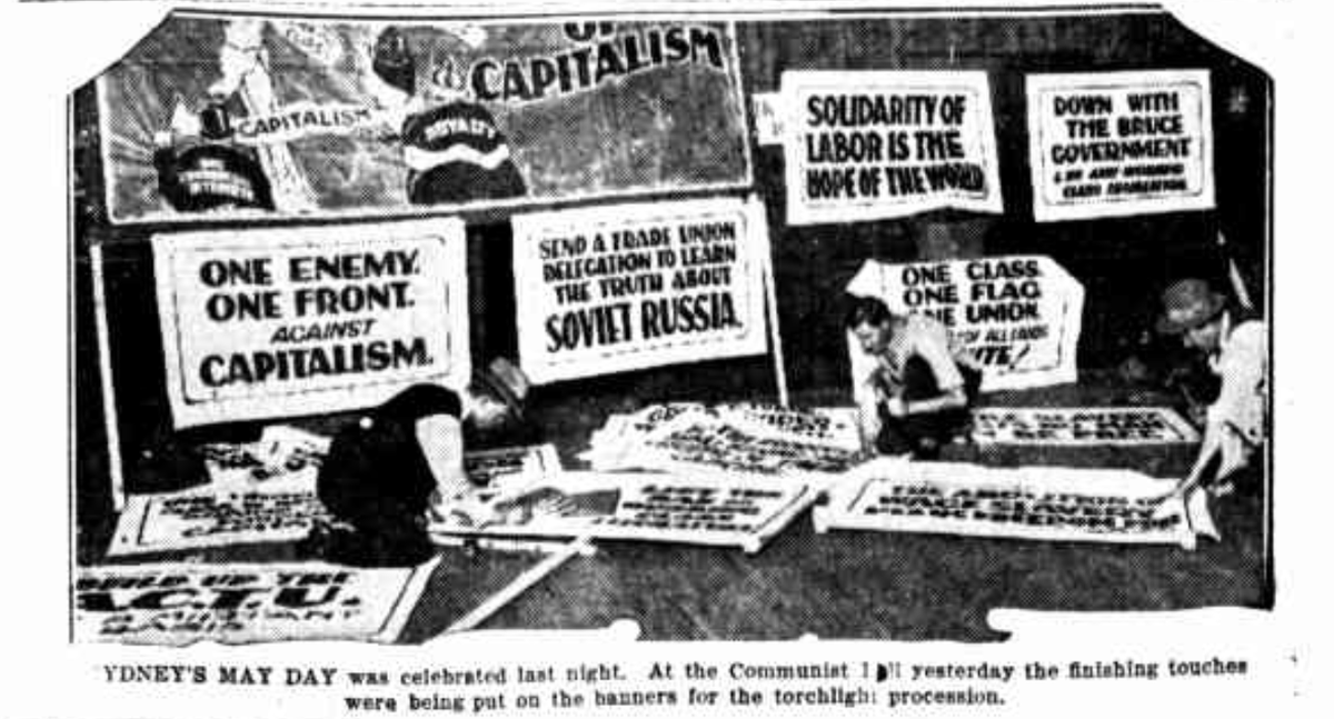 Pictures of the Communist Party of Australia at May Day processions over the decades (1920s - 1990s) 1920s: Communists setting up posters for a May Day march in Sydney NSW (1929)