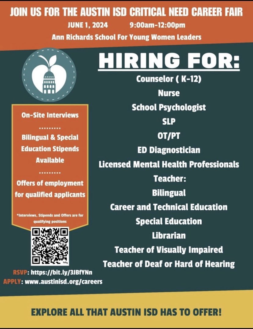 🌟Did you know @AustinISD is offering $7,000 stipends for both special education and bilingual positions? If you are ready to make AISD home, join us at our Critical Needs Career Fair on June 1st🌟 #AISDProud #AISDJoy 
RSVP:bit.ly/3JBfYNn