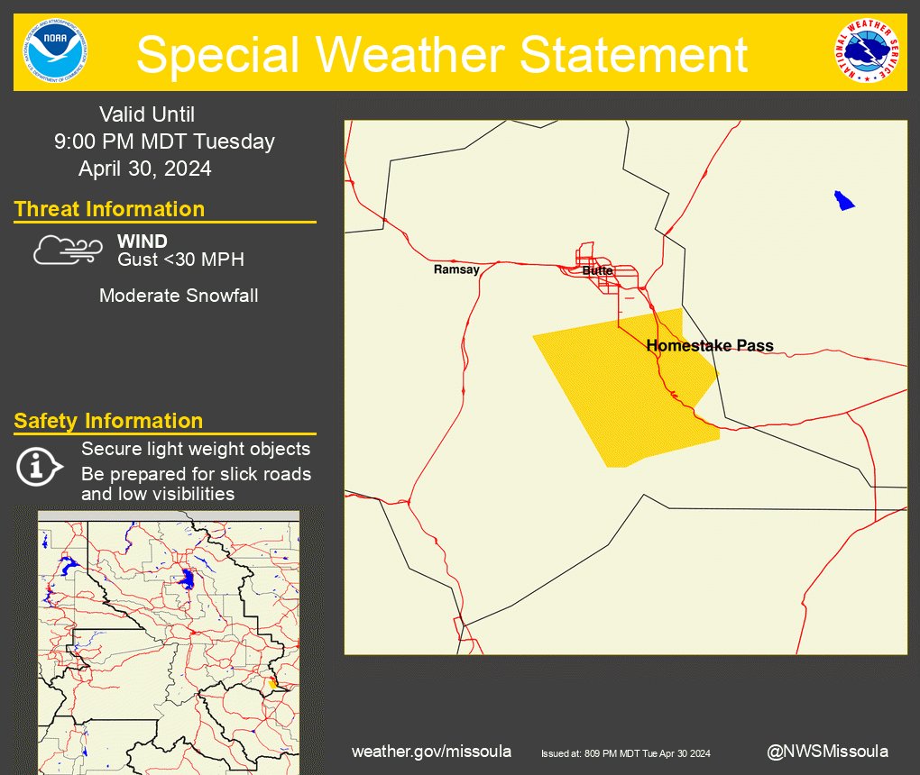 (4/30 8:11 pm) In the next hour an intense snow shower will pass over Homestake Pass. A weather spotter south of Butte called saying this shower created ZERO visibility and a 1/2' of snow in 20 minutes. Be prepared for greatly reduced visibility while driving. #Butte #I-90