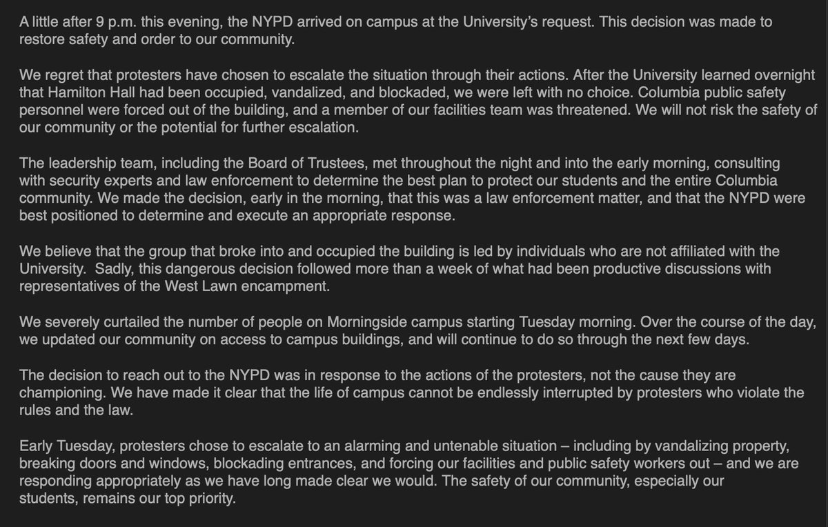 JUST IN: After NYPD riot police storm pro-Hamas protest, Columbia University releases statement. “We believe that the group that broke into and occupied the building is led by individuals who are not affiliated with the University.” The full statement follows below: 'A little…