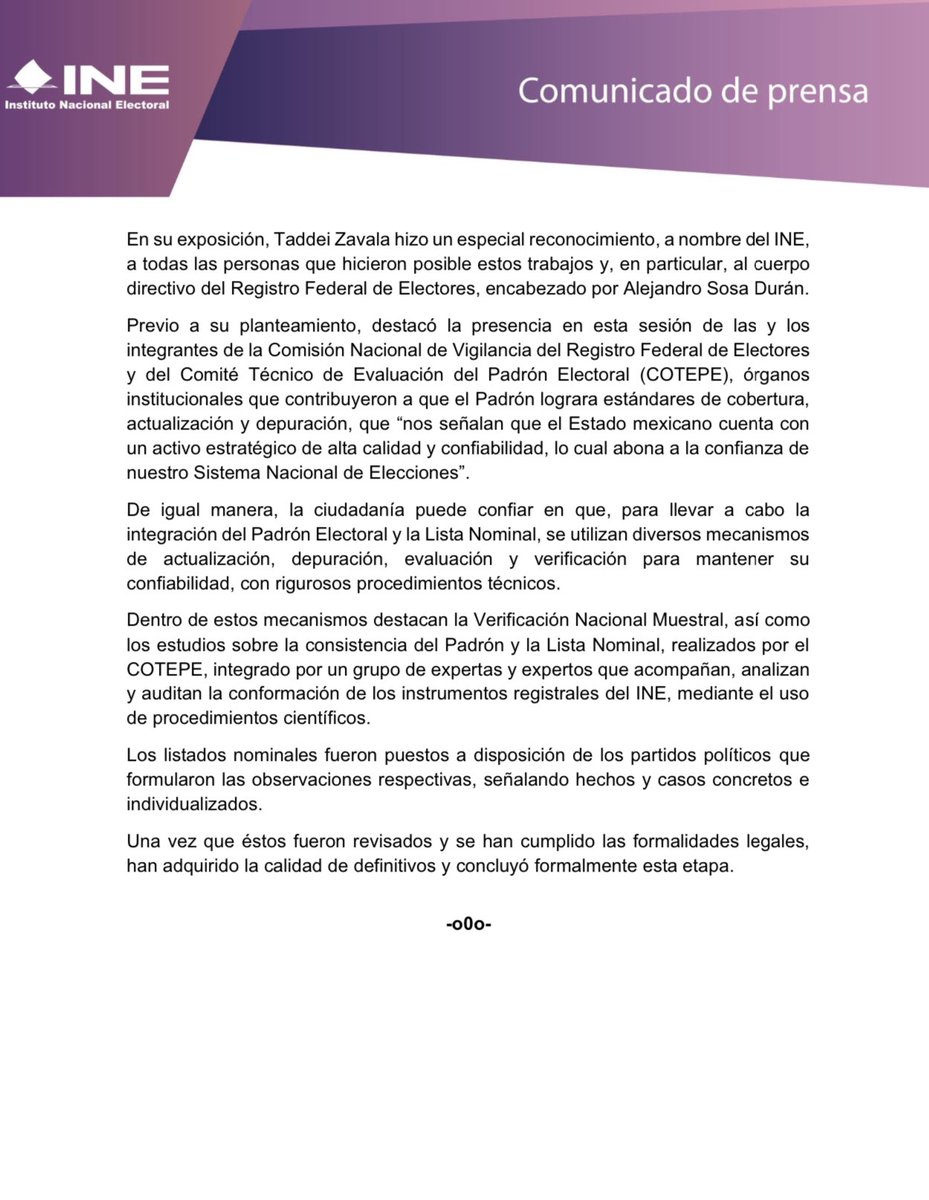 #BoletínINE 📝 | El Consejo General del @INEMexico declara validez y definitividad del #PadrónElectoral y Listas Nominales de Electores. tinyurl.com/5bsaa2vx