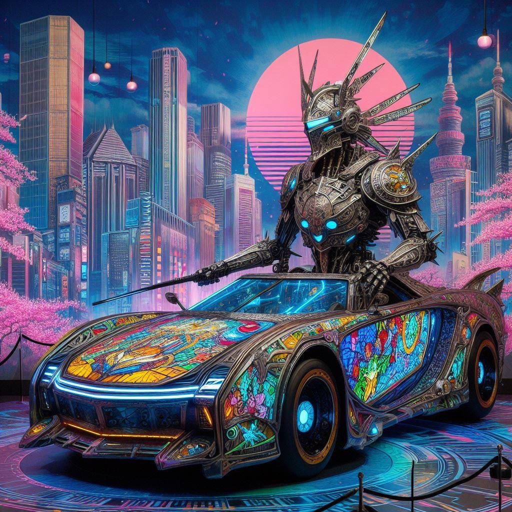 create medieval and neo-tokyo fusion, car