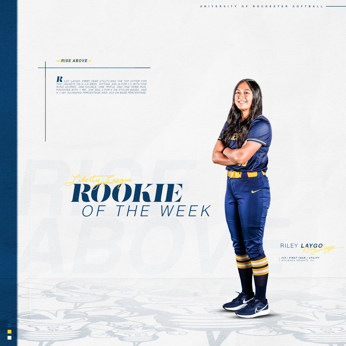 Keep them coming 💪 

Riley Laygo earns herself Liberty League Rookie of the Week 🙌

📈 By the Numbers ⤵

▫️ .545 AVG (6-for-11)
▫️ 1 HR
▫️ 3 EBH
▫️ 1.091 SLG%

#team27 #ursb