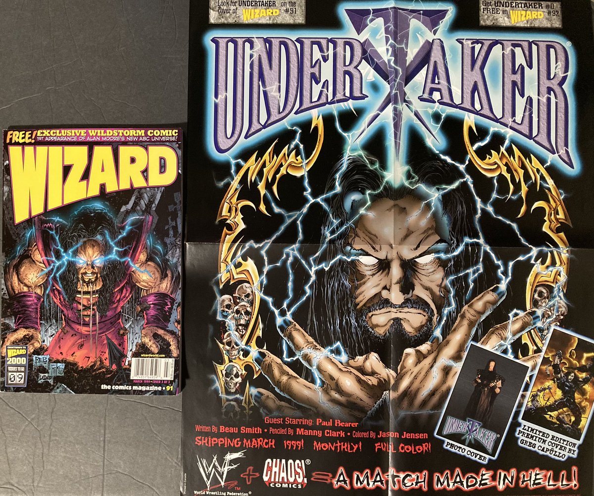 Wizard was so excited about scoring an Undertaker comic book cover for Wizard 91 that they collaborated with CHAOS! to send a poster out to comic shops to promote it and the 0 issue being packed in with issue 92. #WWE #prowrestling